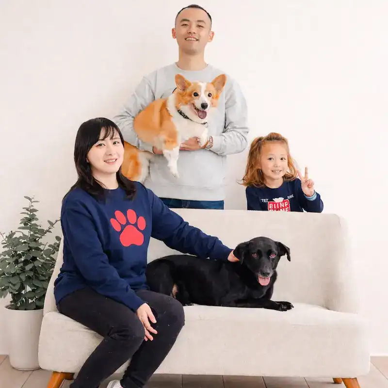 Dalia after rescue: healthy and well-coated, sitting on a sofa with her adoptive family.